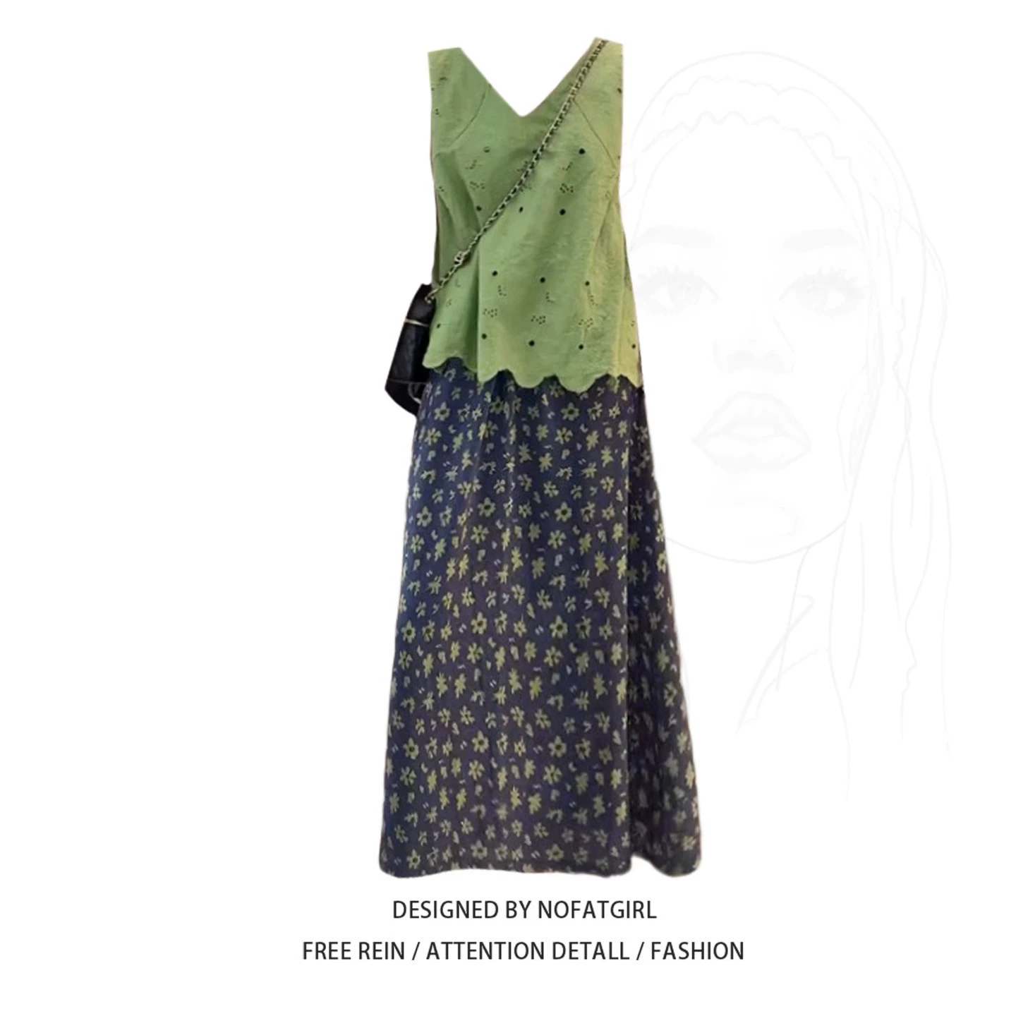 大码胖MM韩系chic绿色镂空背心碎花半身裙2025超火夏装的两件套装