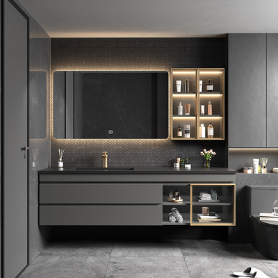 輕奢岩板壹體盆浴室櫃組合現代簡約洗漱台實木衛生間洗手盆洗臉盆