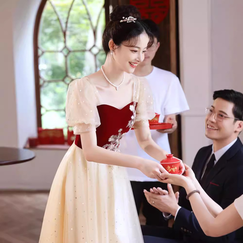 Toasting Clothing Bride wine red High-end Sense French Engagement dress Wedding Evening Dress High-end Mesh Summer Women Toasting Clothing Bride wine red High-end Sense French Engagement dress Wedding Evening Dress High-end Mesh Summer Women