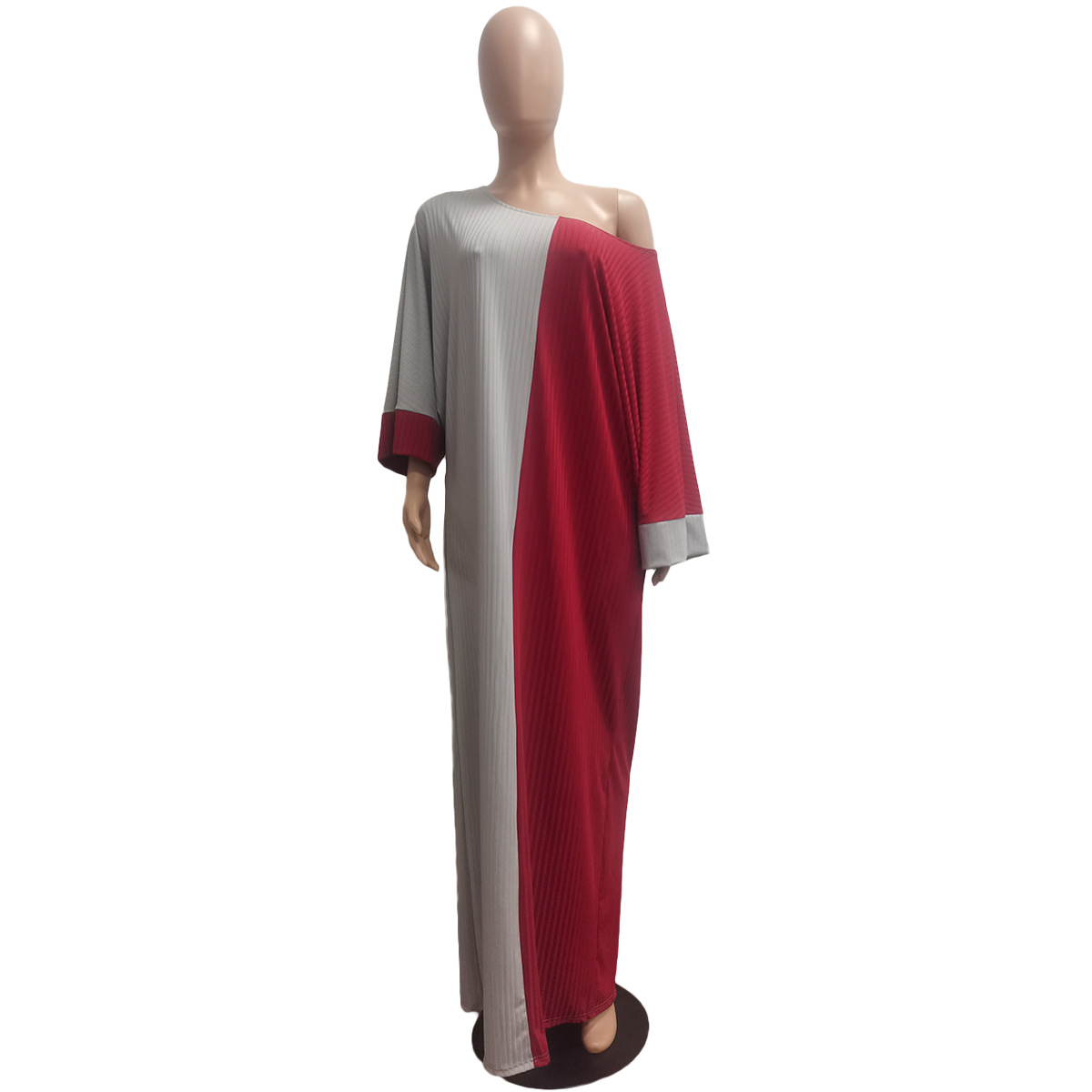 Sexy Loose Stitching Contrast Color Sloping Shoulder Dress