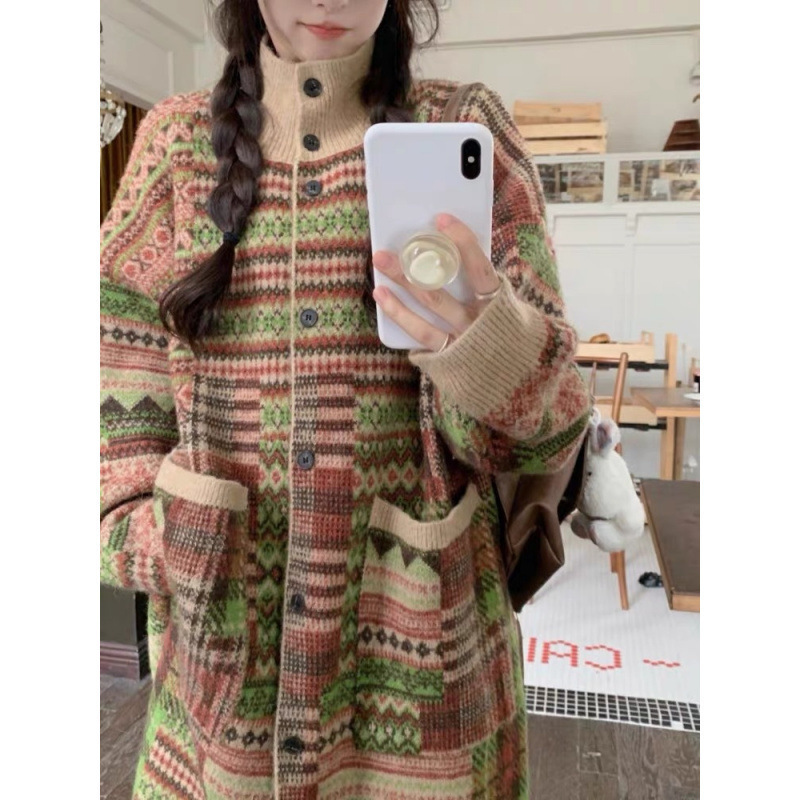 长款毛衣风外套女冬季复古外穿洋气宽松针织立领长袖开衫|undefined
