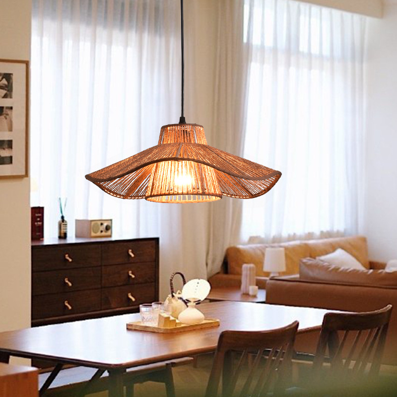 Lámpara Colgante de Estilo Japonés Wabi-Sabi Zen para Salón de Té, Lámpara Colgante de Paja de Cáñamo Hecha a Mano, Lámpara Colgante de Arte de Hoja de Loto para Restaurante