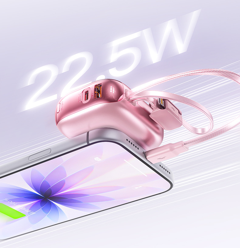 Schnelllade-3C-zertifizierte Powerbank, flugzeugtauglich, 10000 mAh großes Fassungsvermögen, Powerbank mit integriertem Kabel, mobile Stromversorgung