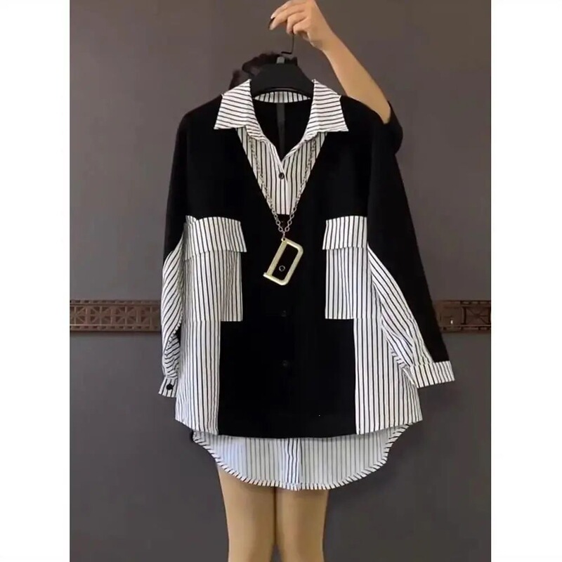 Plus-Size Women's Loose-Fitting, Slimming Mid-Length Color-Block Striped Shirt, Fashionable Top That Hides the Figure, Trendy Blouse Plus-Size Women's Loose-Fitting, Slimming Mid-Length Color-Block Striped Shirt, Fashionable Top That Hides the Figure, Trendy Blouse