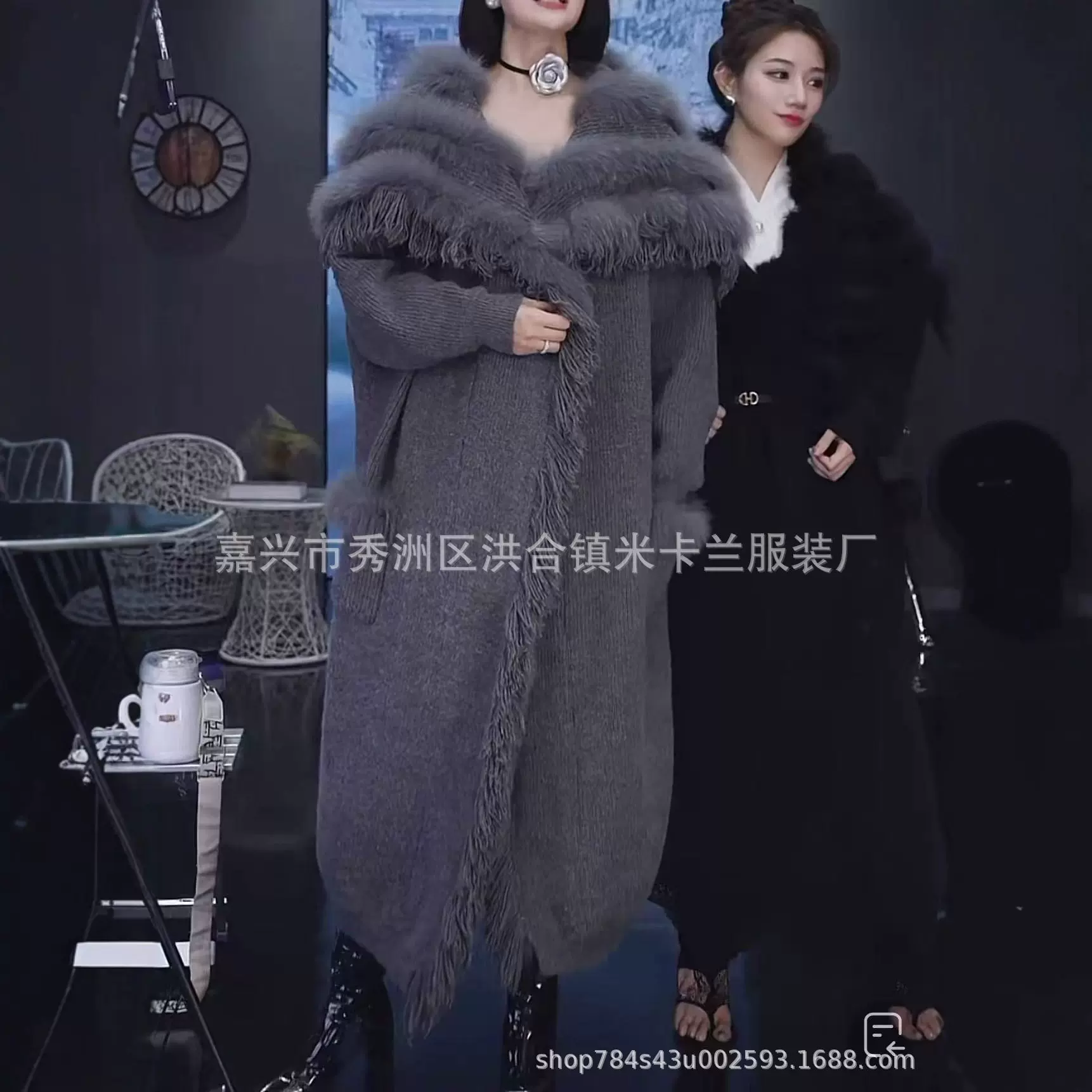 2025秋冬新款真毛狐狸毛皮草流苏宽松慵懒范加长款针织开衫毛衣