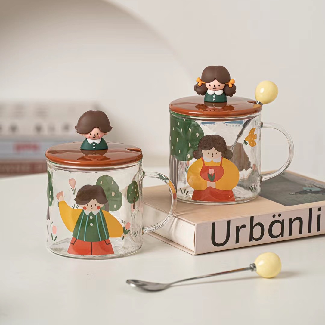 Personalidad creativa niño niña personaje de dibujos animados vidrio regalo lindo taza con tapa cuchara Oficina agua