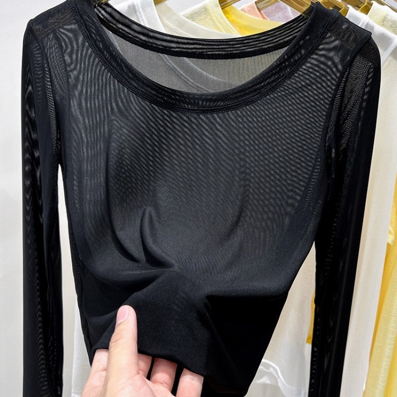 Black Mesh Base Shirt Women's Spring and Autumn Transparent Thin Tulle Clothes Western Style Inner Lace T-Shirt Ice Silk Top for Summer