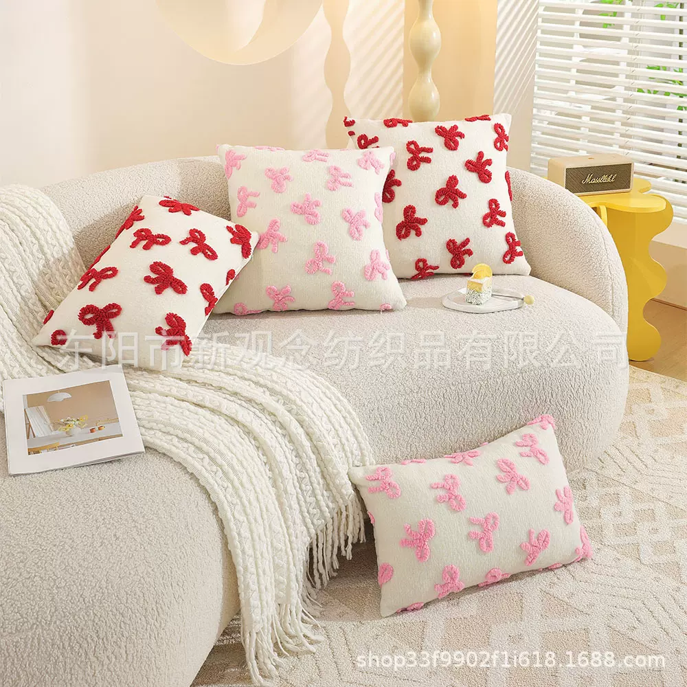 跨境新款抱枕套推荐 羊羔绒提花蝴蝶结沙发装饰靠垫批发可爱腰靠
