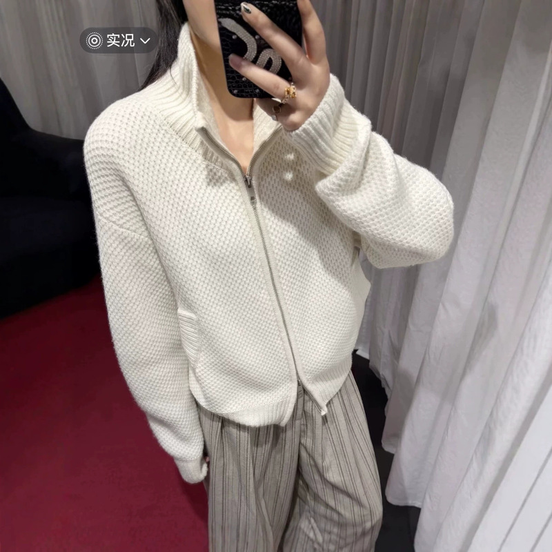 In-Stock High-Quality Old Money Style Cashmere Zip-Up Cardigan Sweater for Women, Waffle Knit Stand Collar Soft Knit Top In-Stock High-Quality Old Money Style Cashmere Zip-Up Cardigan Sweater for Women, Waffle Knit Stand Collar Soft Knit Top