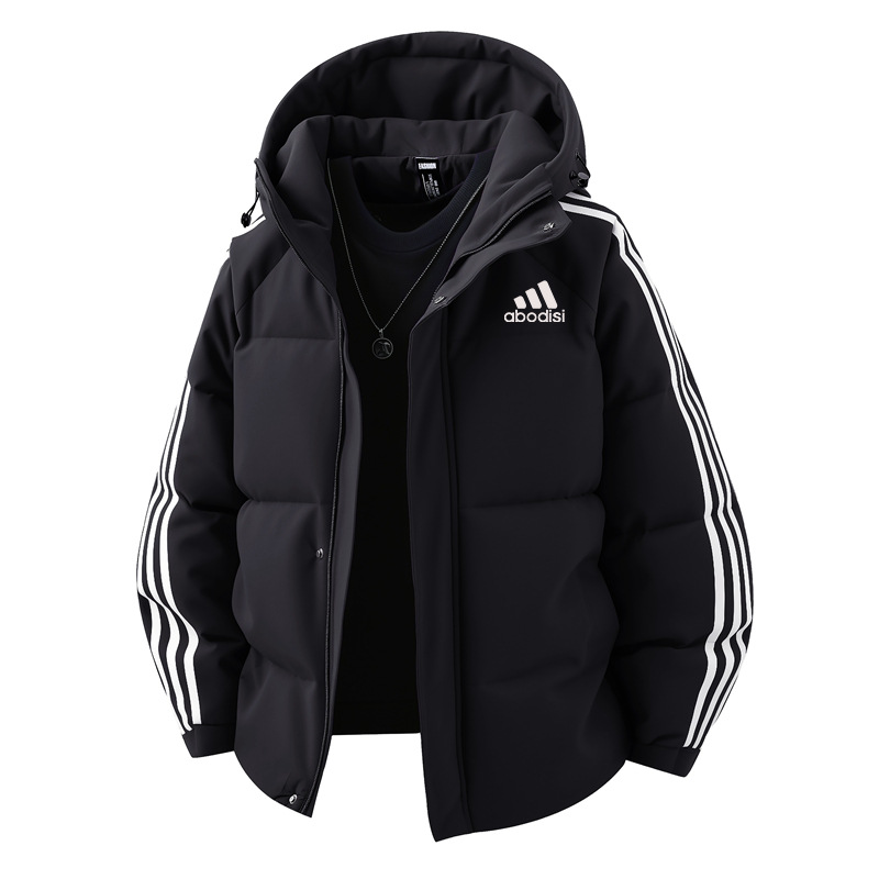 Winter Thickened Three-Stripe Cotton Short Jacket for Men, Business Casual, Detachable Hood, Warm Cotton Coat, Wholesale and Retail