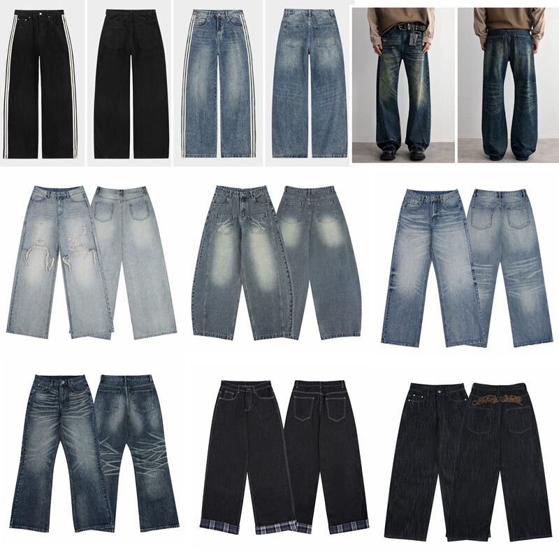 Family B Style Joint Washed Side Stripe Three Bar Loose Straight Jeans Trousers Unisex Wide Leg Pants Family B Style Joint Washed Side Stripe Three Bar Loose Straight Jeans Trousers Unisex Wide Leg Pants