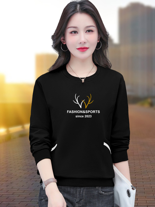 黑色卫衣女春秋2025新款女士时尚宽松圆领外套中年妈妈春装上衣|undefined