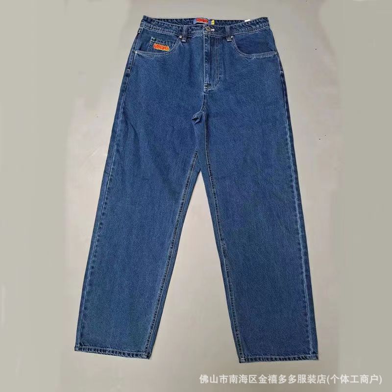 Foreign trade Denim skateboard pants polar dark blue big boy trendy new embroidery wear-resistant straight loose star same style