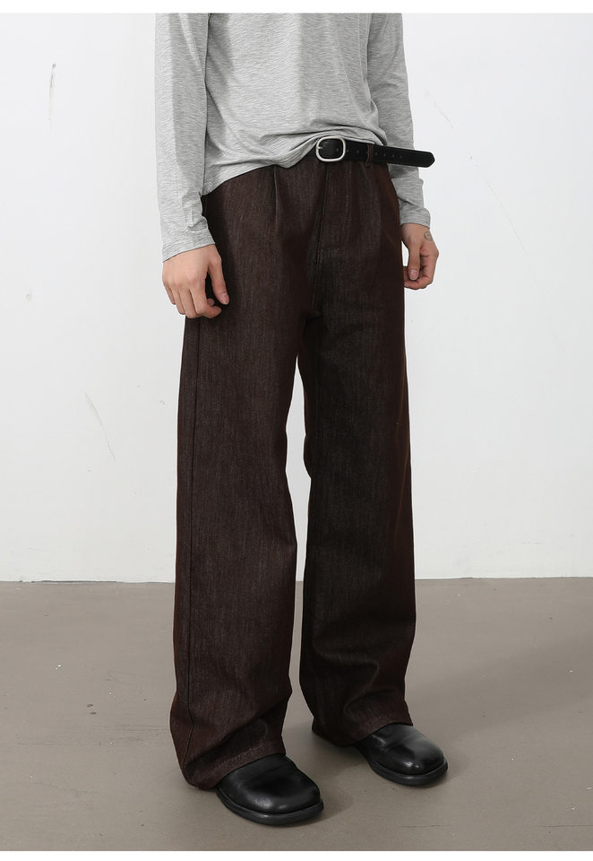 Quần jean nam ống rộng lưng trung, phom suông thoải mái, vải denim phối lụa sợi tổng hợp xếp li nhẹ — Cao bồi xanh, Cao bồi đen, Màu cà phê đậm chi tiết 10
