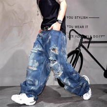 美式小众设计感脏洗破洞牛仔裤男潮牌街头嘻哈宽松直筒阔腿长裤子