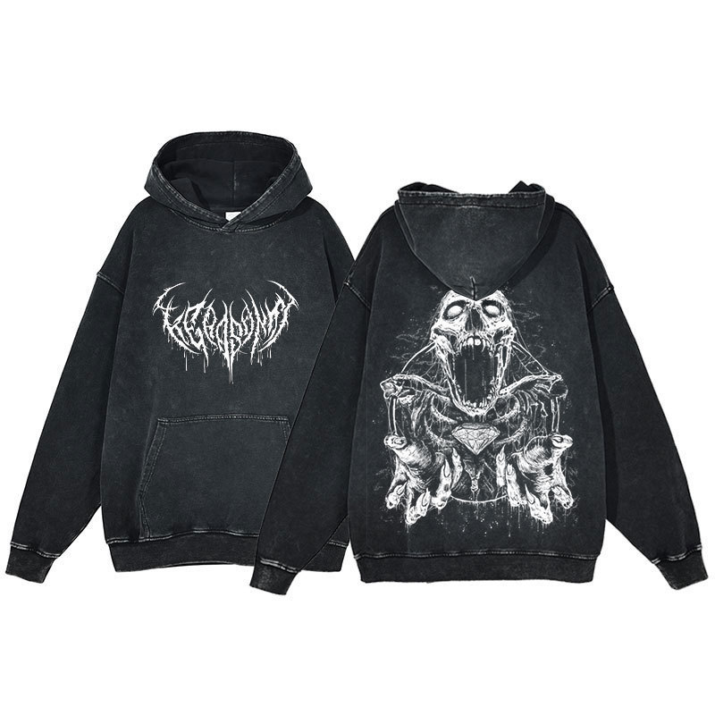 Anime Sweatshirt Men's Harajuku Hip-Hop Washed Hooded Skull Print Y2K Women's Casual Gothic Retro
