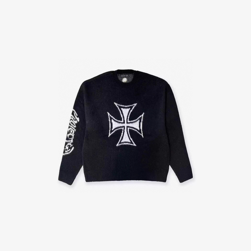Grailz Project G/R Niche Trendy American Iron Cross Sanskrit Thickeneded Warm Crew Neck Sweater