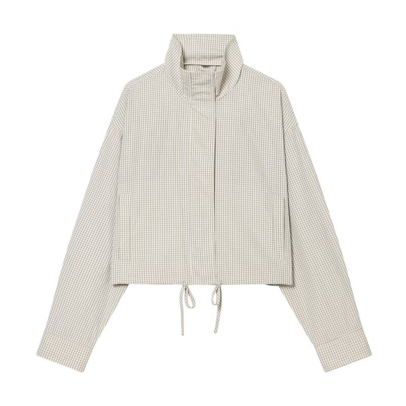 2026 Spring and Summer New Sweet and Fashionable Loose Long-Sleeved Stand-Up Collar Plaid Nylon Jacket 4749751