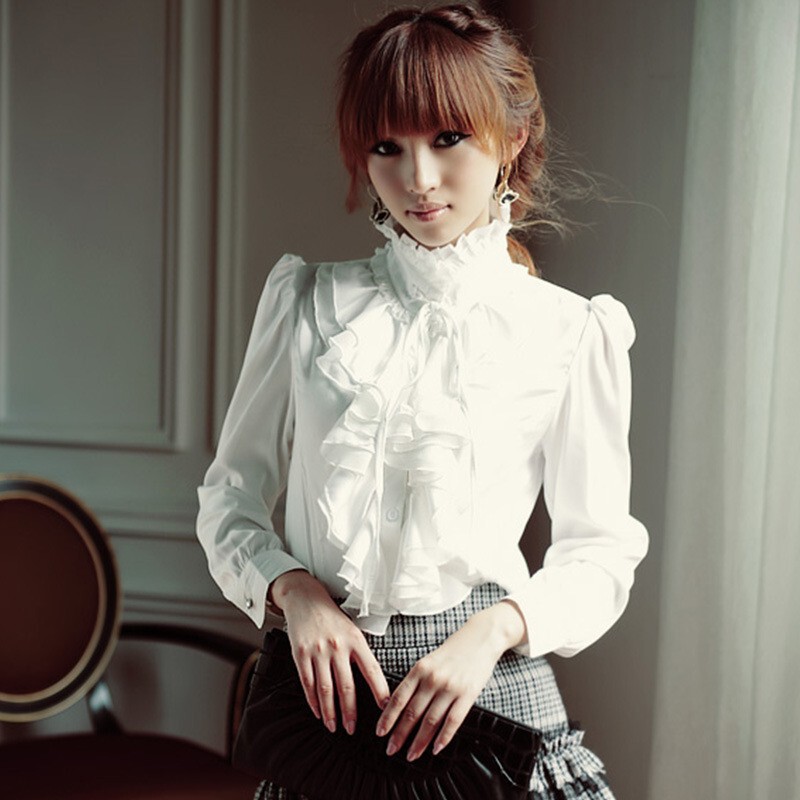 2024 Spring and Summer New Women's Shirts Long-Sleeved Chiffon Shirts Large Size White Shirts Stand-Up Collar Lace Girls Palace Shirts