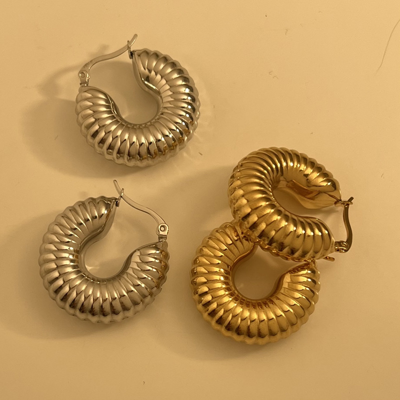 1 Pair Streetwear Stripe Plating Stainless Steel Hoop Earrings display picture 2