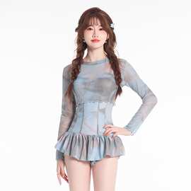 新款泳衣女少女感带胸垫带钢托小胸聚拢带罩衫长袖跨境一件代发