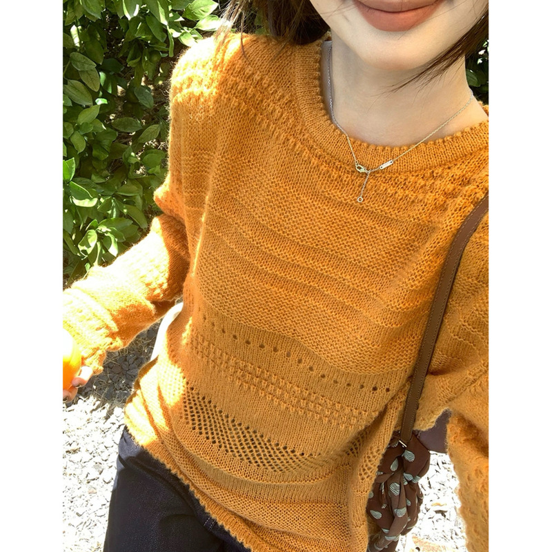 Happy Autumn Weekend ~ Mohair Hollow Jacquard Round Neck Knit Sweater for Women, Loose and Casual Knit Cardigan