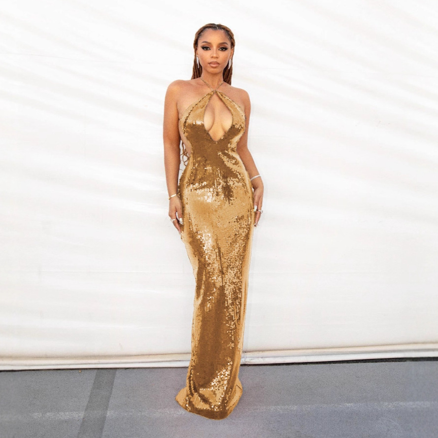 Independent Station Cross-Border Gold Sequin Sexy Cross Halterneck Hip-Hugging Dress European and American Fashion Party Dinner Dress