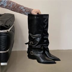 尖头搭扣褶皱堆堆靴女粗跟2025款朋克风骑士靴炸街辣妹高跟长筒靴