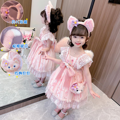 Girls Lina Belle Clothes Dress 2024 Spring and Summer Children's Lolita Star Dew Mesh Short-Sleeved Princess Dress