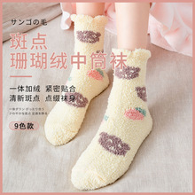 秋冬新款糖果色珊瑚絨襪子女甜美卡通中筒襪防滑加厚地板襪批發