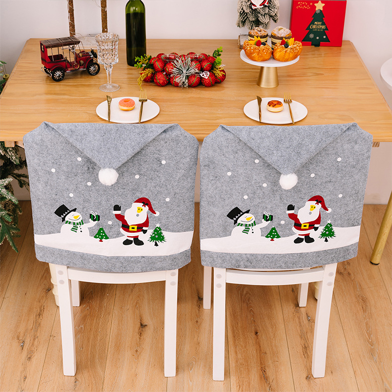 Weihnachtsdekoration für zu Hause, grau, bedruckt, Stuhlhusse für ältere Menschen, Schneemann, Vlies-Stuhlhusse, Weihnachtsmütze_voghion.com