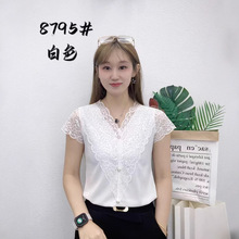 实拍设计感夏季新款t恤弹力针织显瘦钉珠V领上衣洋镂空气蕾丝衫
