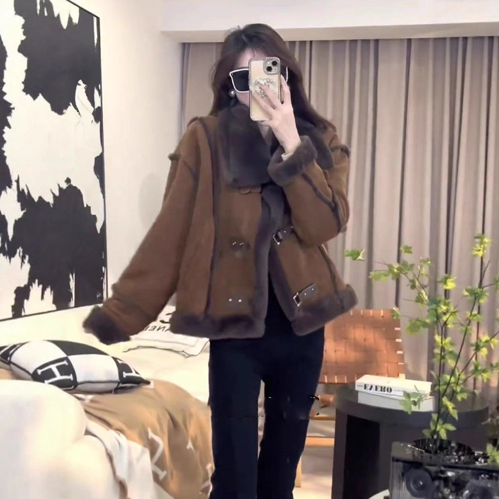 Petite Shearling Sheepskin Short Jacket for Women, 2025 Autumn/Winter New Style, Fleece-Lined, Thickened, Stand Collar, Motorcycle Jacket