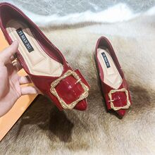 软皮不磨脚尖头单鞋平底2020秋季新款红色浅口船鞋软底豆豆鞋
