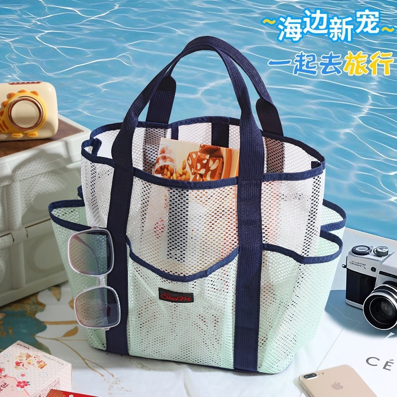 Nueva bolsa de playa estilo ins bolsa de lavado de hilo de red Tote natación en la playa fitness bolsa de almacenamiento de artículos de tocador portátil