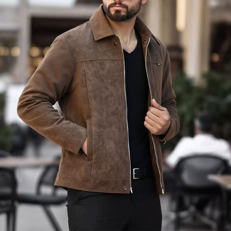 2026 Spring Cross-Border Amazon 3D Stylish Men's Suede Flocked Jacket with Lapel Zipper - Trendy Outerwear