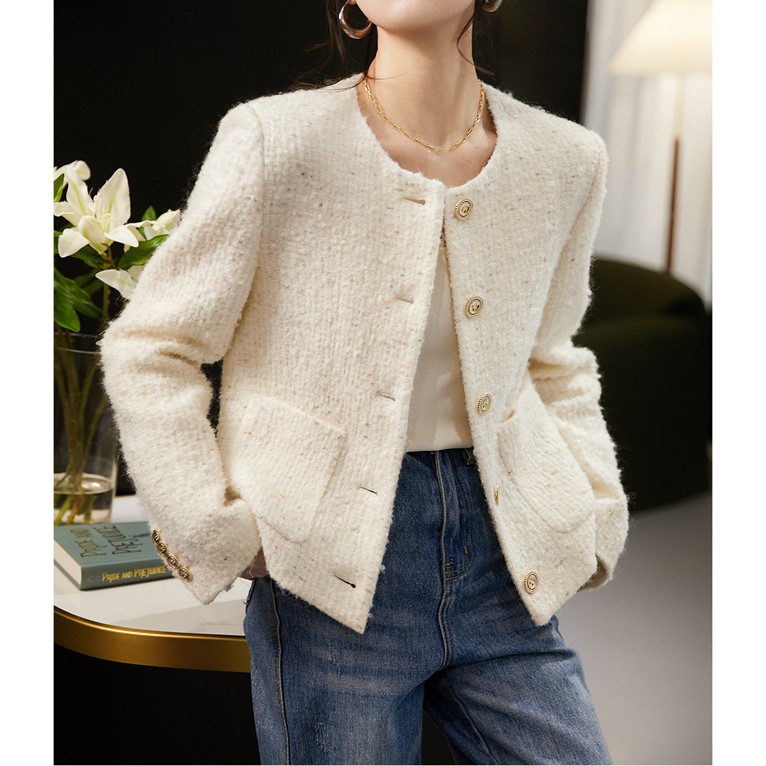 Wool High-End Chanel-Style Jacket for Women, Spring Women's Clothing, Short Tweed Spring Outfit, Fashionable White Top for Women