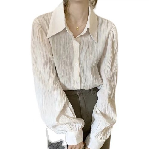 港风法式复古褶皱长袖衬衫女设计感小众春季chic上衣港味衬衣外套