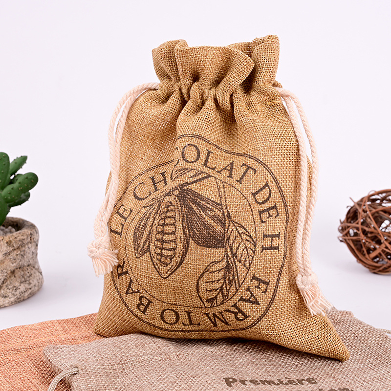 涤麻抽绳束口袋大米谷物咖啡豆收纳袋原色麻布包装袋可印图案logo