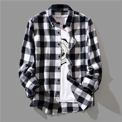 Black and White Grid Shirt Men's Korean Style Trendy Spring and Autumn Shirt Loose Streetwear Casual Long Sleeve Top Coat Men's Clothing