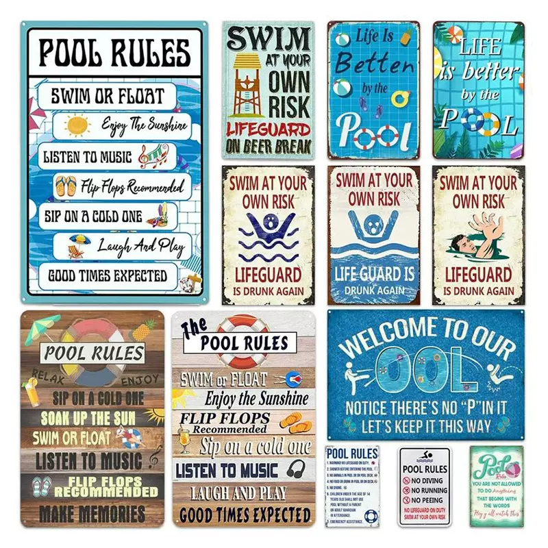 泳池规则Swim At Your Own Risk金属警示牌泳池规则搞笑铁皮画