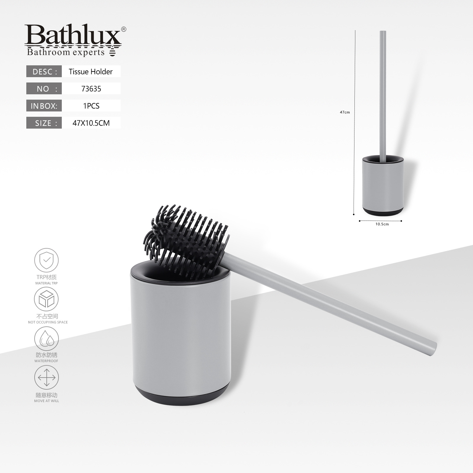 Acero inoxidable cepillo de inodoro baño doméstico material TRP conjunto de cepillo de limpieza de inodoro con base Bathlux