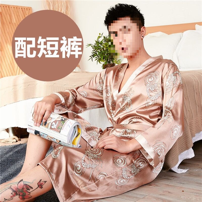 High-End Silk Nightgown for Men, Summer Long-Sleeved Thin Ice Silk Bathrobe, Men's Mid-Length Spring and Autumn Pajamas, Home Wear High-End Silk Nightgown for Men, Summer Long-Sleeved Thin Ice Silk Bathrobe, Men's Mid-Length Spring and Autumn Pajamas, Home Wear