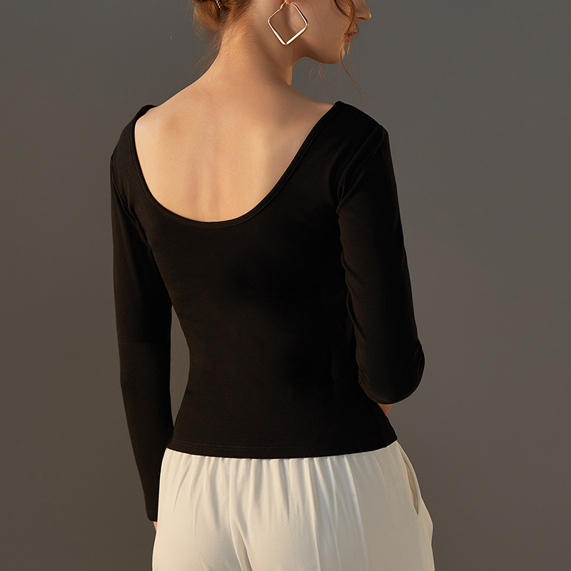 Spring and Autumn Long-sleeved T-shirt with Chest Pad Women's Bra One-piece Round Neck Large Backless Slim Top Wear-free Bra Base Shirt