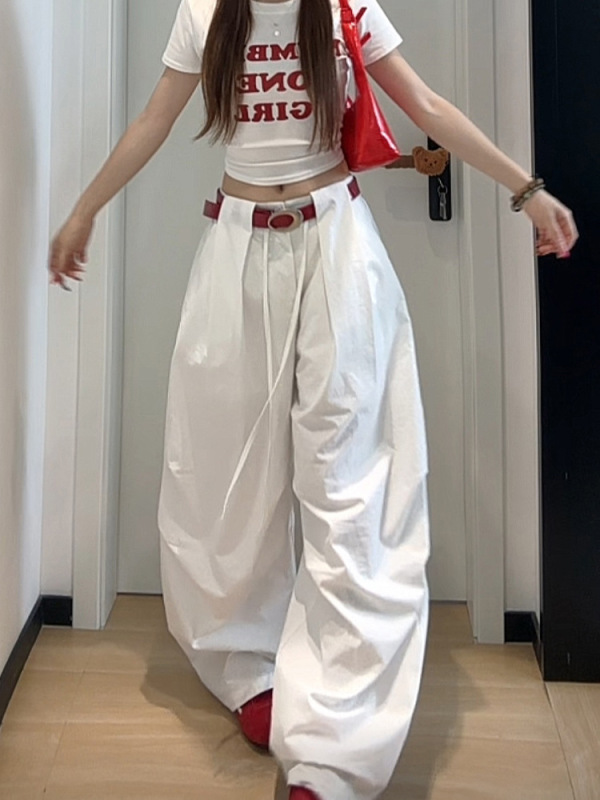 ホットセール白空挺部隊オーバーオール女性の夏のルーズスリムレトロスポーツパンツデザインワイドレッグシザーパンツ|undefined