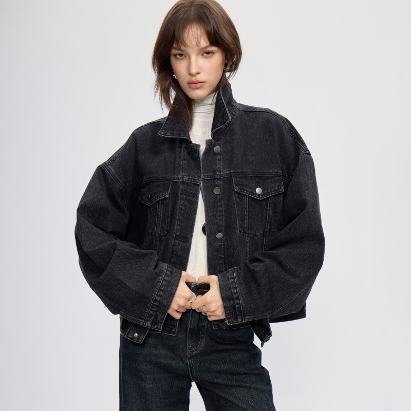Vintage Loose Short Denim Jacket in Smoke Gray for Women, Fall 2025 New Single-Breasted Drop Shoulder Trend
