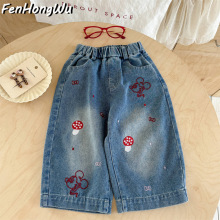 【粉红屋】女童牛仔裤2025新款春秋装儿童洋气可爱卡通刺绣阔腿裤
