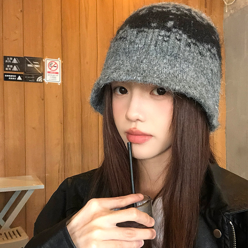 复古小众提花针织毛线帽女秋冬季显脸小水桶帽百搭保暖羊毛渔夫帽|undefined