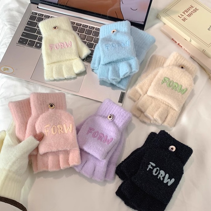 따뜻하고 차가움 방지 학생용 반 손가락 플립 장갑 겨울용 한국식 장갑 귀여운 손가락 없는 울 플러스 벨벳