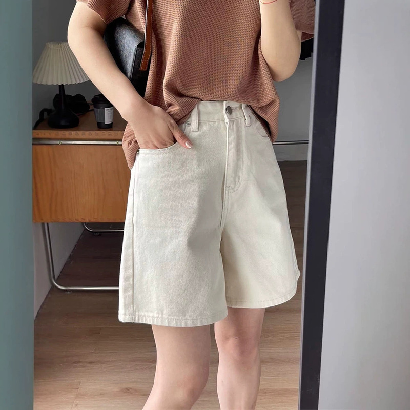Apricot-Colored Denim Shorts for Women, Summer Thin Style, Plus-Size, High-Waisted, Loose Fit, Slimming Wide-Leg Five-Point Pants Suitable for Wide Hips and Thick Thighs